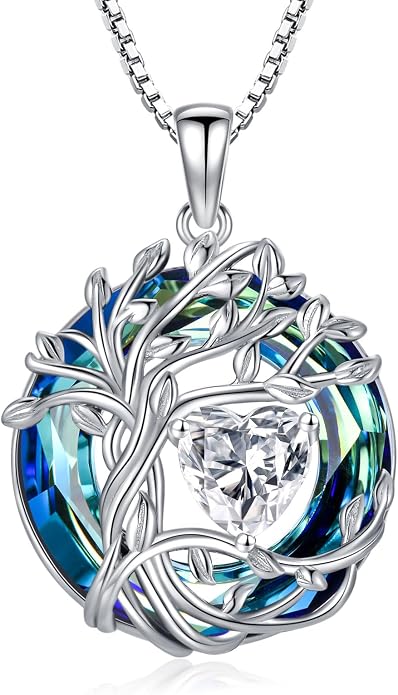TOUPOP Tree of Life Birthstone Necklace Sterling Silver Pendant Birthstone Necklaces with Blue Crystal Anniversary Birthday Jewelry for Women Mom Wife Her
