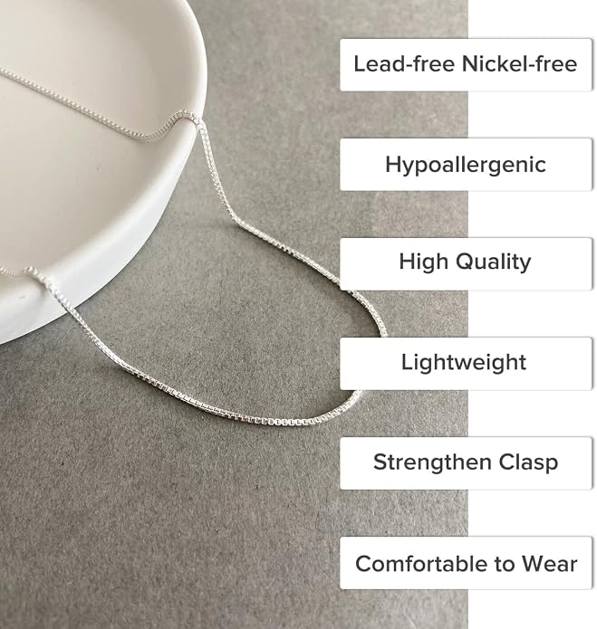 925 Sterling Silver Italian Box Chain Necklace - Secure Clasp, Perfect for Layering - Durable Necklace & Bracelet Chains for Everyday & Special Occasions
