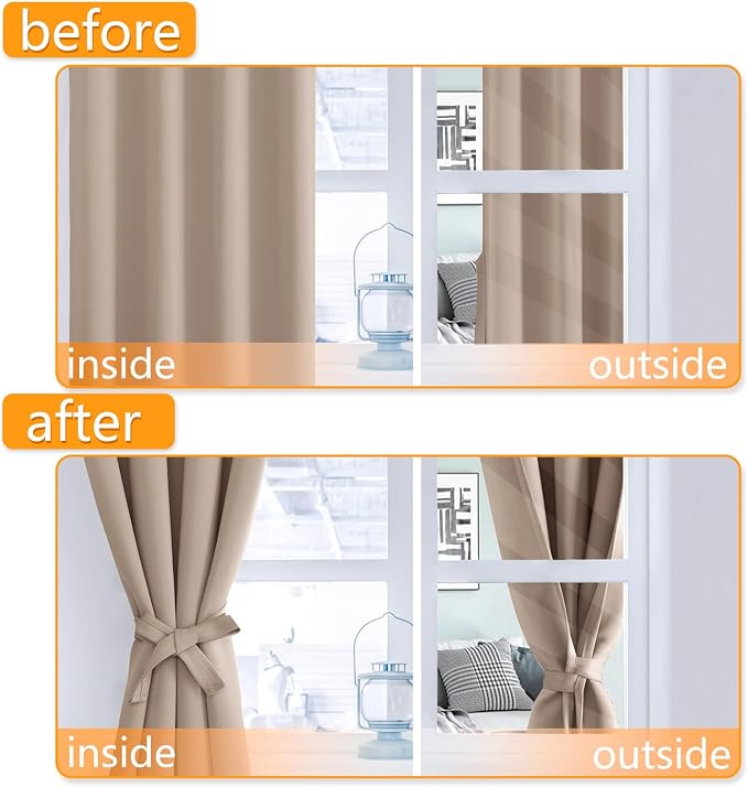 Hiasan Blackout Curtains for Bedroom, 42 x 63 Inches Length - Thermal Insulated & Light Blocking Window Curtains for Living Room/Kids Room, 2 Drape Panels Sewn with Tiebacks, Camel