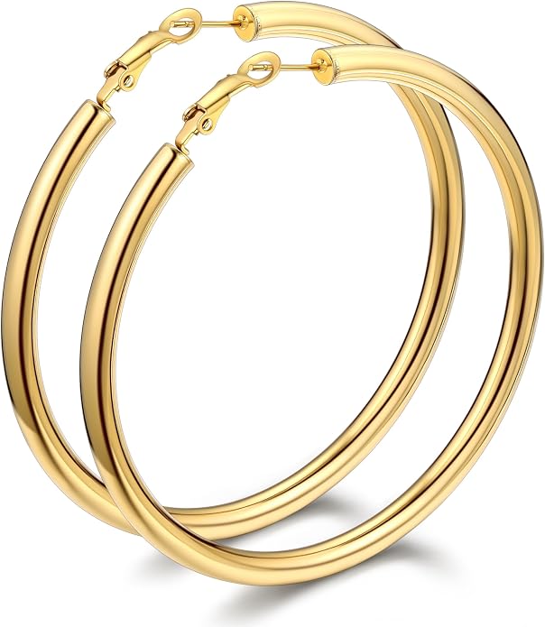 Bestyle 5mm Thick Gold Hoop Earrings Hypoallergenic Hoops for Sensitive Ears Trendy Lightweight Chunky Earrings for Women 30/40/60/80mm