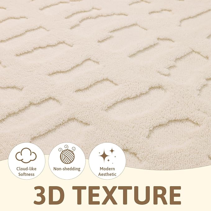Yamaziot 3x5 Washable Area Rug, High-Low Grid Textured Bedroom Rugs, Soft Fluffy Non-Slip Mats Stain Resistant Contemporary Boho Carpet for Bathroom, Entryway, Office