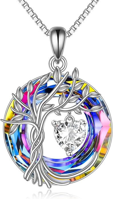 POPLYKE Mothers Day Gifts for Mom Her Wife Tree of Life Necklace 925 Sterling Silver Birthstone Pendant with Crystal Anniversary Birthday Wedding Jewelry for Women