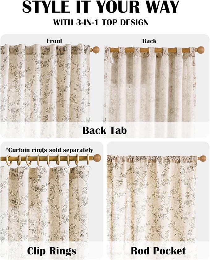 Lazzzy Grey Floral Linen Curtains 96 Inch Farmhouse Back Tab Drapes for Living Room Bedroom Light Filtering Vintage Grandmillennial Rod Pocket Curtains, 2 Panels, W38 x L96, Grey on Beige