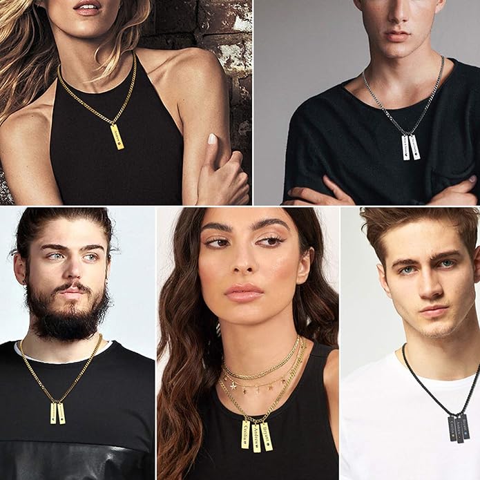 U7 Engravable Bar Necklace, Womens Choker Necklace Stainless Steel Custom Engrave Text Horizontal/Vertical Bar Pendant Necklaces for Men Women