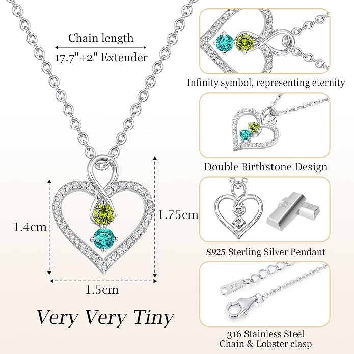 LOUISA SECRET Double Birthstone Necklaces for Women, 925 Sterling Silver Infinity Love Heart Pendant Necklace for Her, Birthday Anniversary Valentine's Day, Christmas, Wedding, Graduation Gift for Her, Personalized Gifts, Jewelry Gifts for Wife Mom Gir...