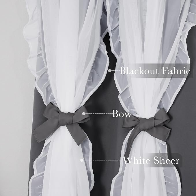 PONY DANCE Shabby Chic Curtains with Ruffle Sheer Overlay for Girls Bedroom, Double Layer Blackout Drapes,Farmhouse Rustic Design, W 52 x L 95 Inches, Grey, 2 Panels