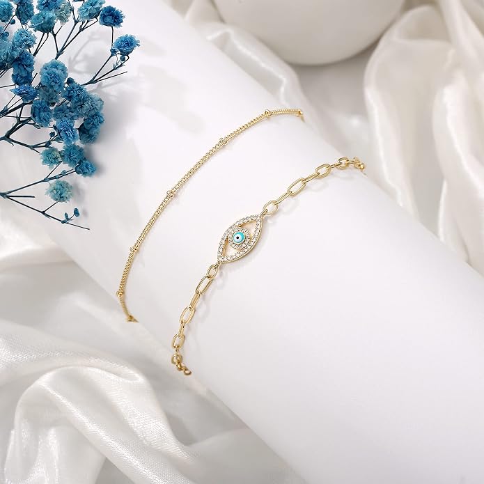 Dainty Gold Bracelets for Women, 14K Gold Plated Adjustable Layered Beads Bracelet Cute Evil Eye Oval Chain Pearl Bar Turtle Gold Bracelets for Women Jewelry
