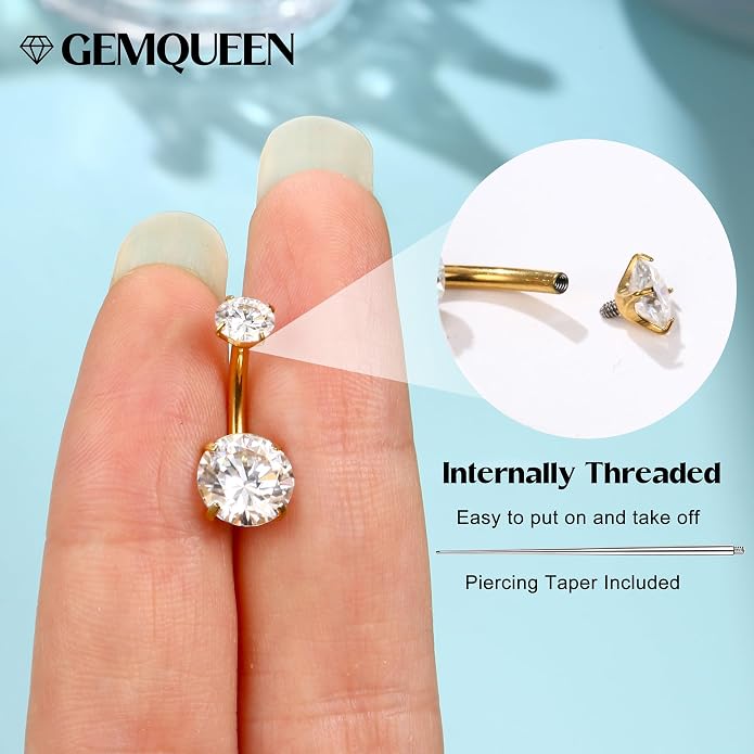 GEMQUEEN Moissanite ＆ G23 TItanium Belly Button Ring 18K Gold Plated Hypoallergenic Internally Threaded Belly Rings 14G Navel Piercing Jewelry For Women Men D Color VVS1 Clarity Brilliant Cut