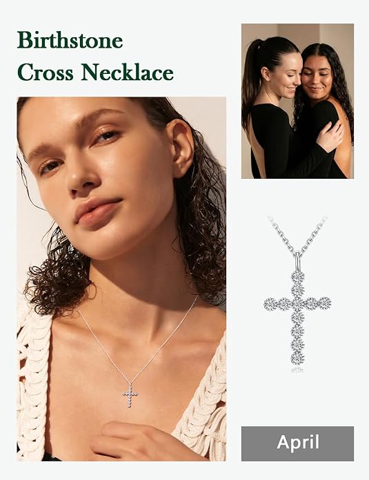Sterling Silver Cross Necklace for Women Birthstone Religious Jewelry