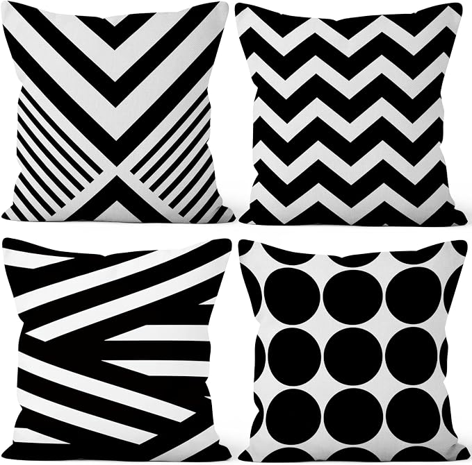 4 Pcs/Set Geometric Throw Pillow Covers Black White Striped Line Circle Minimalist Geometry Modern Linen Throw Pillow Cases for Sofa Bedroom Outdoor Living Room Cushion Decorative 16x16
