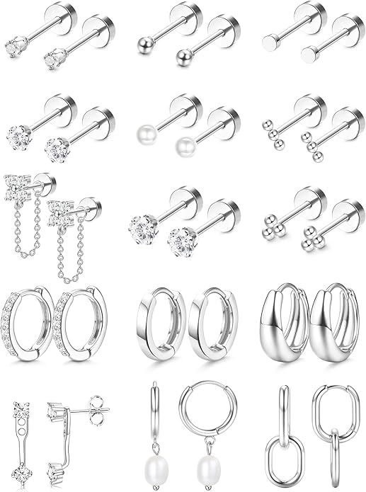LOLIAS Flat Back Earrings for Women Hypoallergenic Surgical Steel Earrings for Sensitive Ears-20G Cartilage Earring Stacks 14K Gold Plated Hoops Flatback Stud Earring Sets for Multiple Piercing