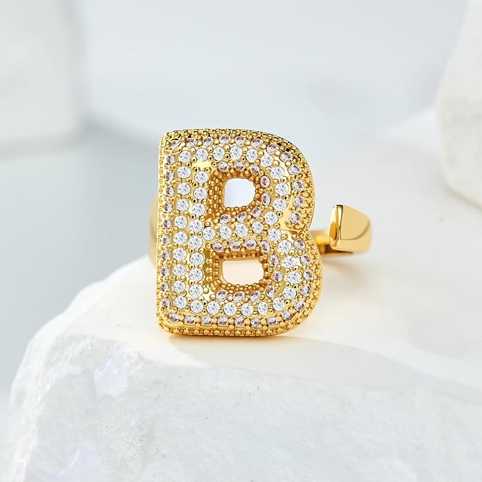 Cicy Bell Initial Rings for Women 14k Gold Plated Cubic Zirconia Delicate Letter Chunky Statement Open Rings Gifts for Her