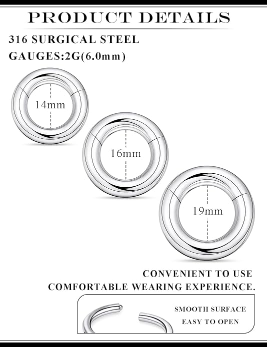 20G 18G 16G 14G 12G 10G 8G 6G 4G 2G Nose Rings Hoops 316l Surgical Steel Clicker Septum Lip Ring Tragus Helix Daith Rook Conch Snug Cartilage Lobe Earrings Hoop Piercing Jewelry For Women Men