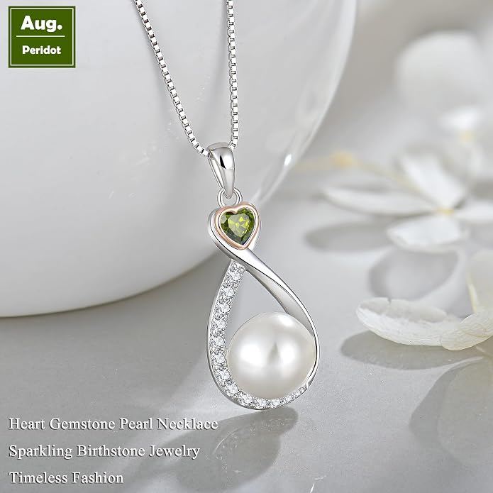 Heart Birthstone Pearl Pendant Necklace, 925 Sterling Silver Infinity Necklace with 10mm Freshwater Cultured Pearl & 4mm Gemstone Jewelry for Women