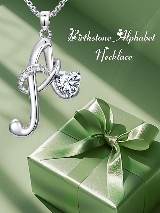 Birthday Gifts for Women Alphabet A to Z Initial Birthstone Pendant Necklaces for Women - 18k White Gold Plated Personalized Name Jewelry Anniversary Graduation Gifts for Wife Her Daughter Girlfriend(with Gift Box)