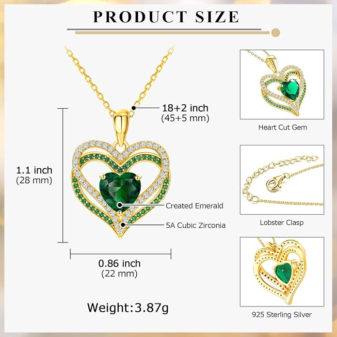 Anniversary Charm Necklace, Sterling Silver 14K Gold Plated Chain with Interlocking Heart Pendant Elegant Birthstone Necklaces for Women, Length 18"