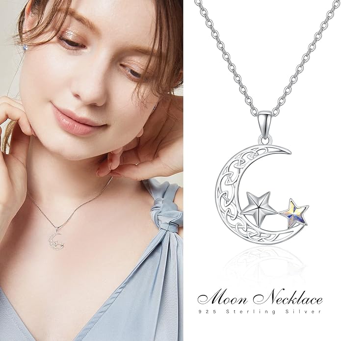 Palpitate Moon Star Necklace Moon Phase Necklace Pendant 925 Sterling Silver Jewelry Christmas Gifts for Women Wife Her Adjustable Chain