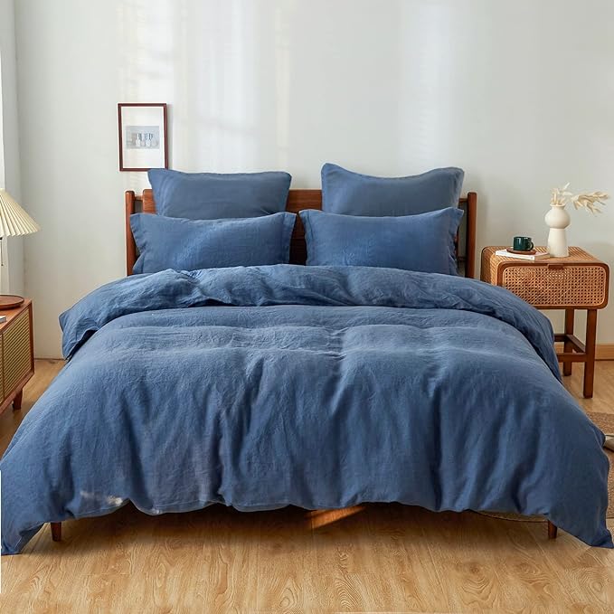 Simple&Opulence 100% Linen Duvet Cover Set 3pcs Basic Style Natural French Washed Flax Solid Color Soft Breathable Farmhouse Bedding with Button Closure - Classic Blue, King