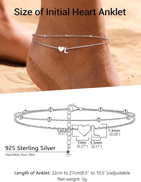 PROSILVER Ankle Bracelets for Women S925 Sterling Silver Anklets for Women Waterproof, Dainty Layered Heart Anklet, Beach Initial Anklet for Summer, Letter A-Z
