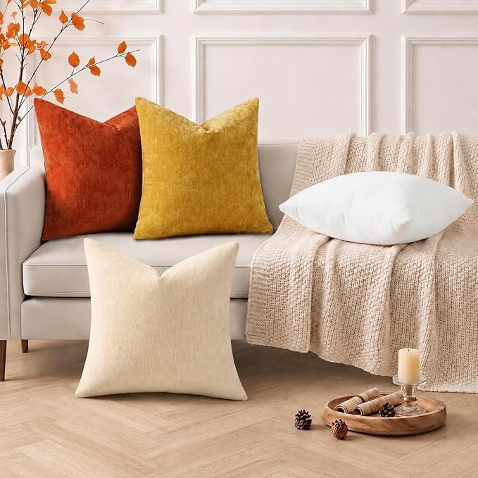 decorUhome Soft Chenille Beige Throw Pillow Covers 20X20 Set of 2 | Decorative Fall Couch Pillow Covers Solid Dyed Accent Modern Farmhouse Neutral Square Pillow Cases for Sofa
