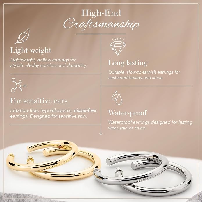 14K Gold-Plated, Lightweight, Open Hoop Earrings For Women