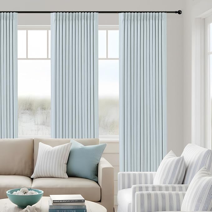 IVAPUPU Blue Pinch Pleated Full Blackout Linen Curtains for Bedroom, Black Out Curtains 108 Inches Long for Living Room Darkening Thermal Insulated Neutral Pleat Drapes with 16 Hooks, 2 Panels