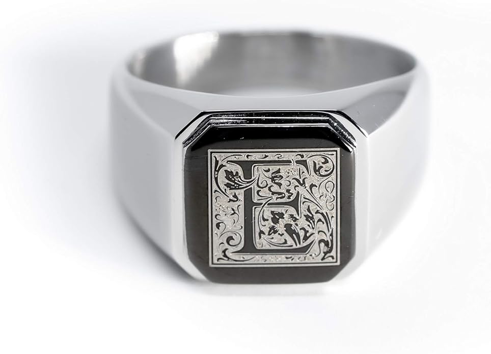 Jewelry | Stainless Steel Letter Alphabet Initial Ring | Square Flat Top Ring for Men & Women | Stainless Steel Jewelry, (Black, Gold, Silver), Size 7-16
