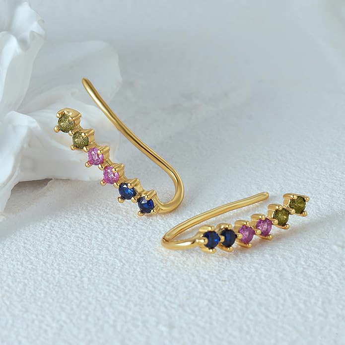 Dainty Colorful Cubic Zirconia Ear Climbers Earrings for Women 925 Sterling Silver 14K Gold Plated Rainbow Gemstone Crawler Earrings Stud Earring Hypoallergenic Ear Clips Wedding Graduation Jewelry Gifts