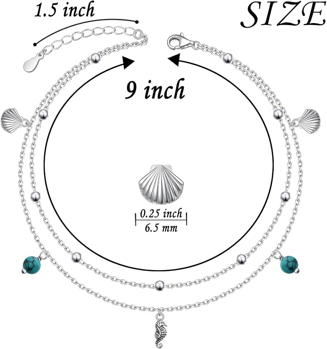 Ladytree S925 Sterling Silver Boho Beach Double Layer Anklets Bracelet for Women Adjustable 9 to 11 inches