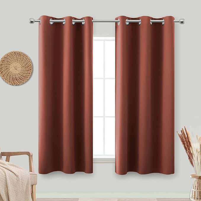 KOUFALL Burnt Orange Short Curtains 45 Inch Length for Kitchen, Boho Insulated Thermal Blackout Curtains for Bedroom Bathroom 45 Inch Long, 2 Panels Set, Terracotta Red Rust