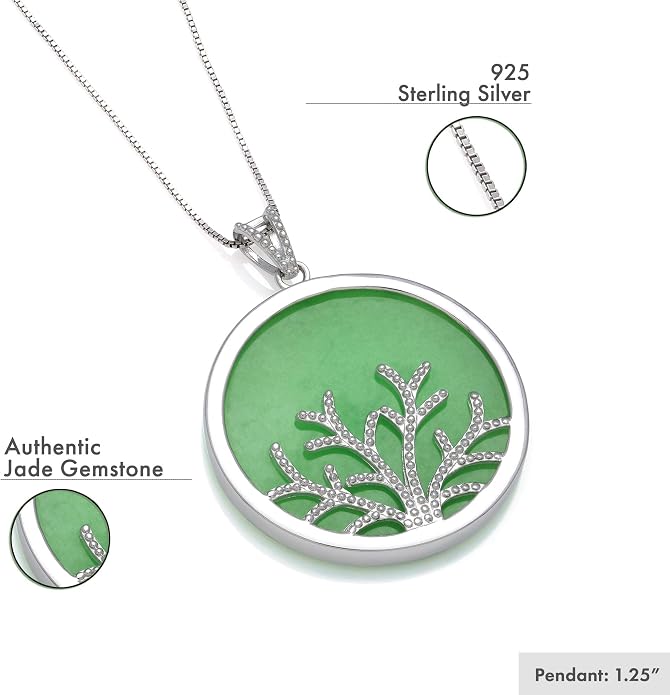 Belacqua Natural Green Jade Tree of Life Pendant Necklace in Sterling Silver, 18 Inches Box Chain, Fashion Jewelry for Women, Gift Box Included