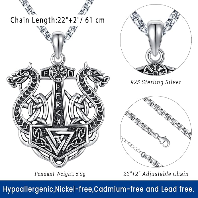 Eusense Viking Necklace for Men Women 925 Sterling Silver Pendant Thors Hammer/Norse Runes/Odin's Ravens/Wolf/Dragon/Snake/Yggdrasil/Freya/Helm of Awe/Valknut/Triskelion/Axe/Shield Viking Jewelry