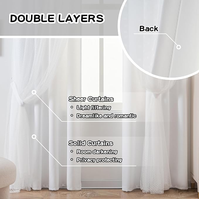 MYSKY HOME White Curtains for Girls Bedroom & Nursery Kids Cute Curtains Double Layer with Polka Dots Sheer, Grommet Tops, 52x95 Inch Each Panel, 2 Panels