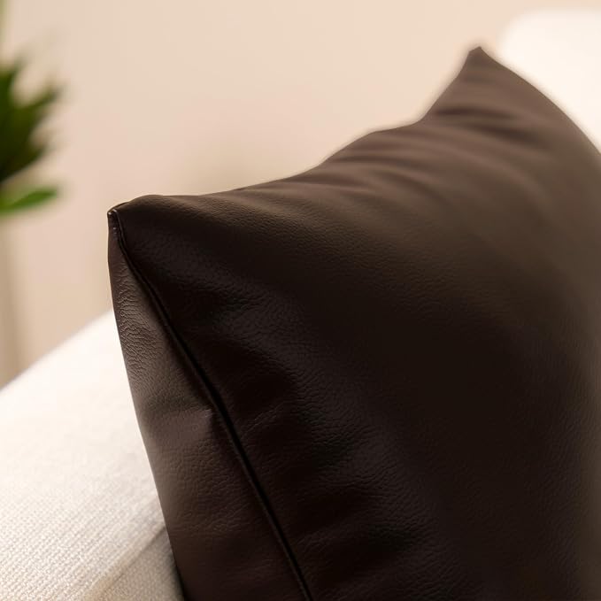 Encasa XO Faux Leather Throw Pillows Covers 20"x20" (Set of 4) | Dark Brown Decorative Cushion Covers | Modern Farmhouse Pillow Cases for Outdoor, Living Room, Bedroom, Couch, Sofa
