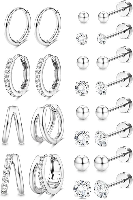 Jstyle Hypoallergenic 14K Gold Plated Stud Hoop Earrings for Women Men Surgical Stainless Steel Flat Back Earrings Small Huggie Hoops Cartilage Earring Set for Multiple Piercing Jewelry Gift for Women