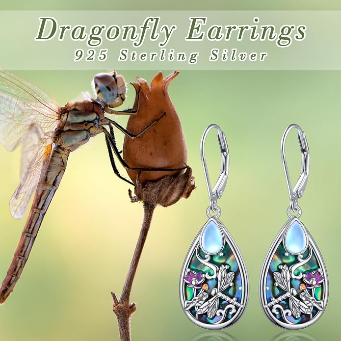 Alphm Dragonfly Filigree Earrings S925 Silver Teardrop Moonstone Abalone | S925 Sterling Silver Dragonfly Filigree Drop Dangle Earrings Leverback Birthday Jewelry Gift for Women Mom Wife
