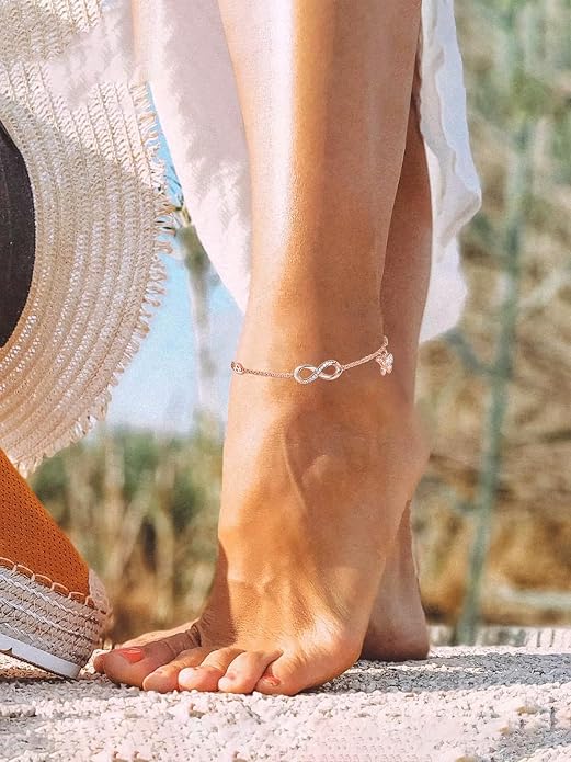 Moissanite Infinity Anklet for Women, Real Authentic 925 Sterling Silver Hypoallergenic, Beautiful Summer Jewelry, Dainty Ankle Bracelet, 8.6-10.6inch (21-26cm) Adjustable