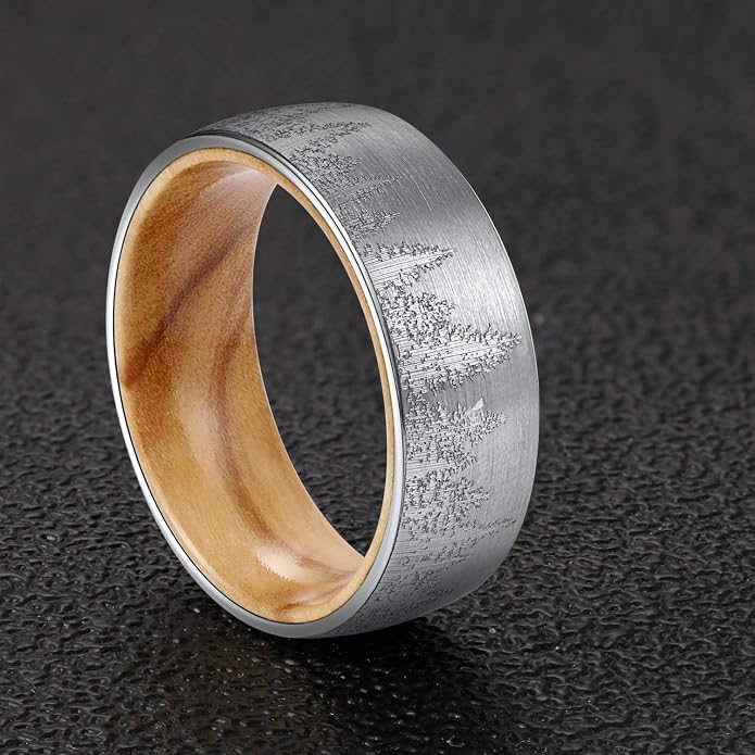 Forest Rings for Men 8 mm Black Plated Wedding Band with Wood Liner Comfort Fit
