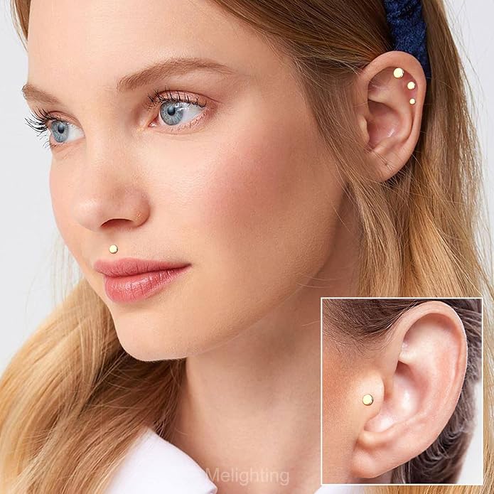 Melighting 14K Solid Gold Flat Back Cartilage Earring 16G Helix Piercing Jewelry Internally Threaded Labret 8mm