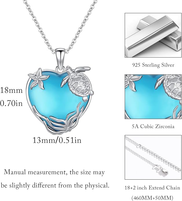 Sea Turtle/Seaweed Necklace for Women 925 Sterling Silver Heart of the Ocean Moonstone Pendant Necklace Turtle Moonstone Jewelry Gift for Wife Mom