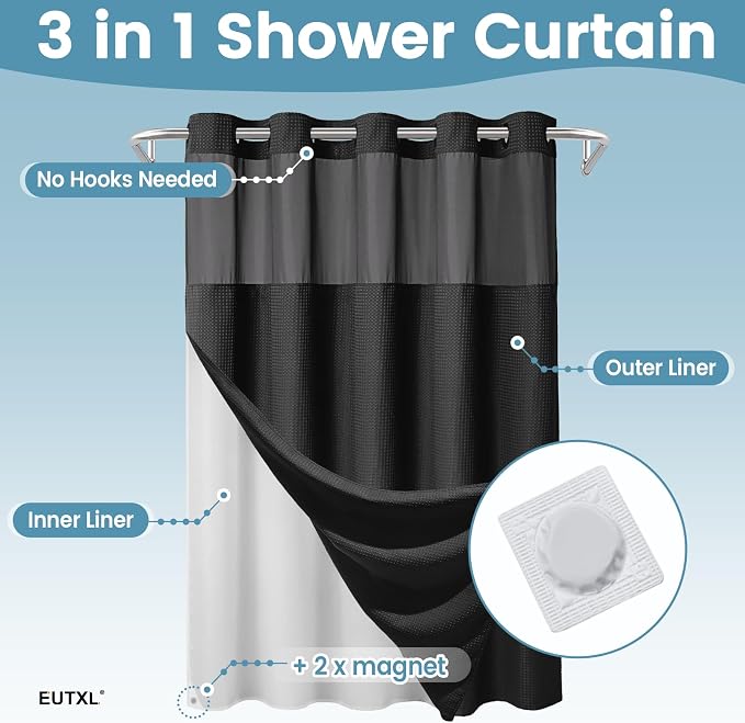 EUTXL Heavyweight Long No Hook Shower Curtain with Snap in Liner,256GSM Waffle Weave Shower Curtains for Bathroom,71W x 80H(78"),Black