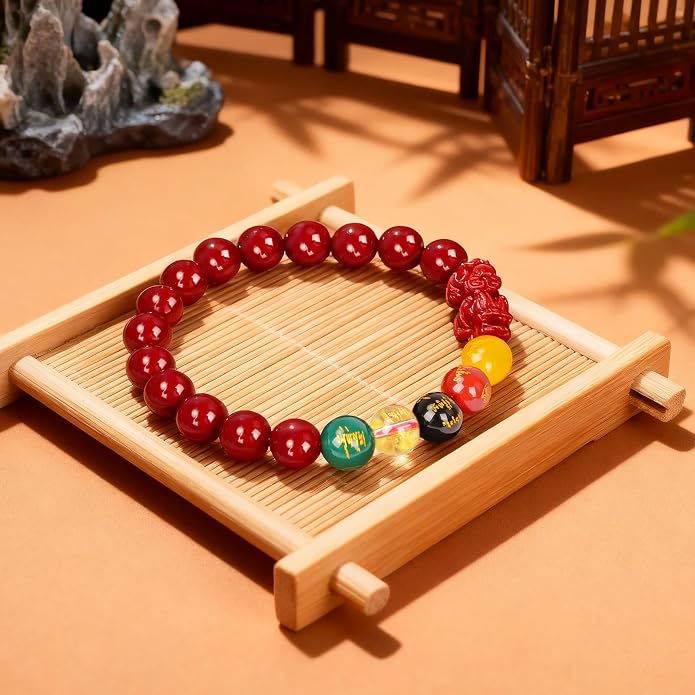 Five Roads Wealth God Cinnabar Pixiu Bracelet - Feng Shui Red String Bracelet for Good Luck & Money Attraction, Fortune Blessing for Men & Women, Adjustable Lucky Charm Bracelet (Classic & Cinnabar Options, 8/10/12mm)