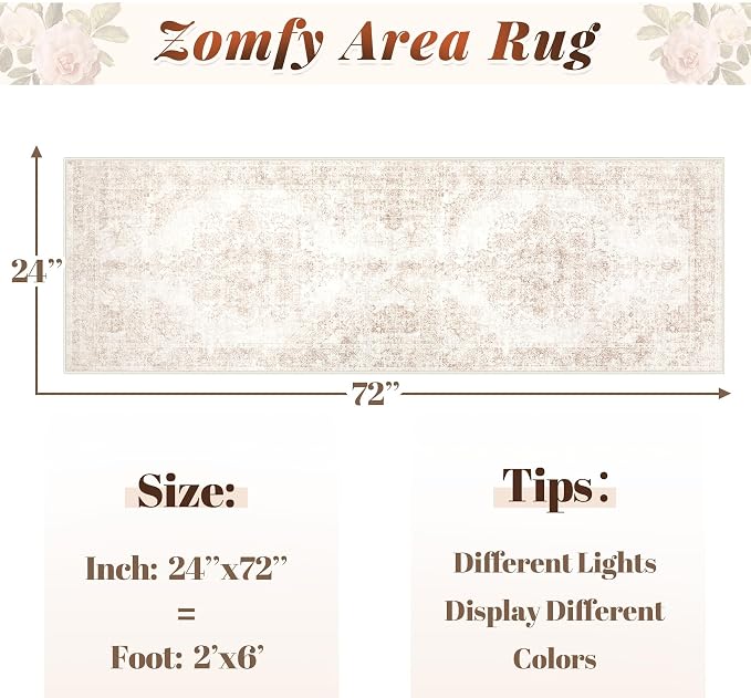 Area Rug 2x6 Runner Rug: Washable Vintage Hallway Rugs Indoor Medallion Rug Low Pile Distressed Floor Carpet Retro Accent Rugs for Kitchen Bedroom Bathroom Dining Room(Retro Beige, 2'x6')