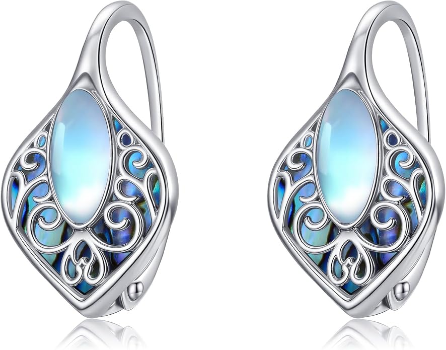 Moonstone Abalone Shell Earrings 925 Sterling Silver Dragonfly/Hummingbird/Butterfly/Lotus/Filigree Hoop Leverback Earrings Jewelry Gifts for Women