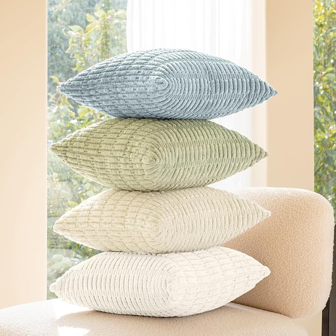 Softalker Throw Pillow Covers 20x20 Inch, Set of 4, Corduroy Soft Striped Farmhouse Boho Pillow Cover, Modern Decorative Cushion Pillow Case for Couch Sofa Bedroom Living Room, Light Blue