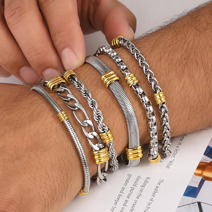 6Pcs Men's Bracelet Set, Waterproof Tarnish Resistant Stainless Steel Chain Bracelets for Men, Silver and Gold Stackable Cuban Link Snake Chain Jewelry Gift for Him, Fits 7.5-8 Inch Wrist