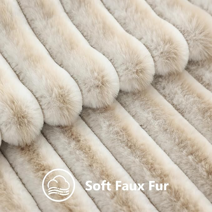 decorUhome Fall Faux Fur Throw Pillow Covers 12x20 Set of 2 Beige White | Decorative Soft Cozy Striped Plush Modern Farmhouse Boho Couch Pillow Cases Velvet Back for Sofa Bed Living Room Home Decor