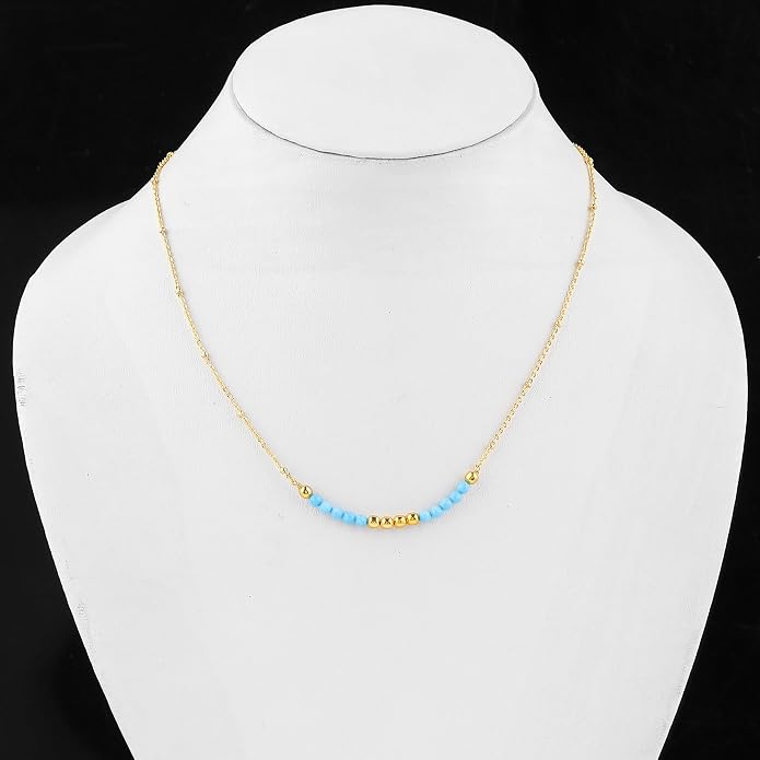 Satellite Chain Necklace 16+2 Inch Gold Plated – Dainty Layering Jewelry with Gemstone Beads – Minimalist Choker Necklace for Women – Delicate Gift for Her