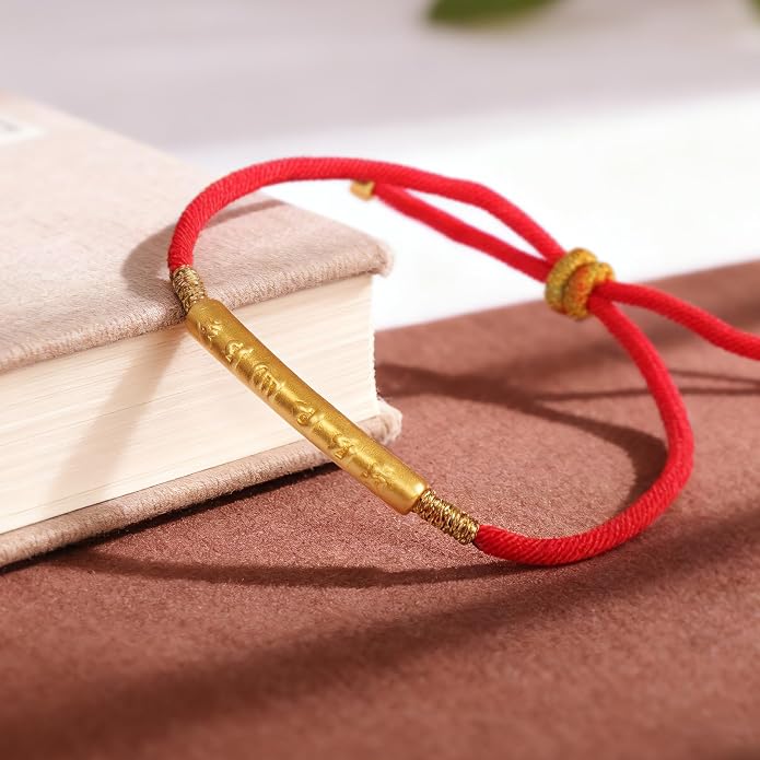Om Mani Padme Hum Bracelet, Handmade Tibetan Buddhist Mala Bracelet with Six True Words Mantra for Protection, Good Luck & Positive Karma, Adjustable Red or Black String Bracelet for Women & Men