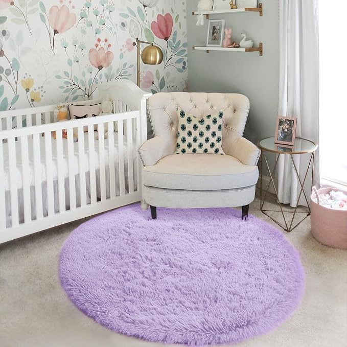 Amdrebio Light Purple Small Round Rugs 3Ft for Girls Bedroom, Fluffy Fuzzy Circle Area Rug for Kids Room Decor Aesthetic, Soft Cute Furry Plush Shag Lavender Carpet for Classroom, Baby Nursery, Dorm